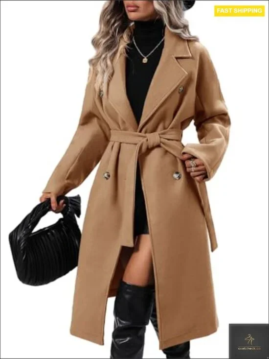 Elegant Wool Pea Coat Double Breasted Mid-Long Winter Overcoat with Belt - Picture 2 of 7